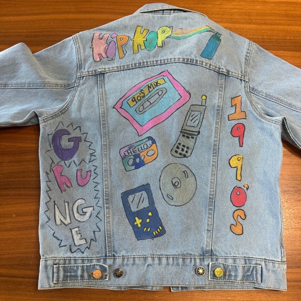 Understated Leather Denim Jacket Cotton Womens Med Blue 90s Hand Painted Custom - Picture 6 of 8